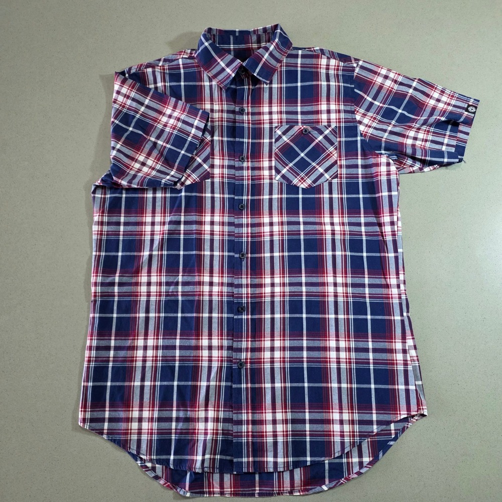 Akademiks Mens XL Plaid Short Sleeve Button Down Shirt Navy Blue Red White